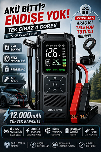 Zineets Pro Taşınabilir Dijital Göstergeli Araç Lastik Sişirme Ve Araç Takviy...