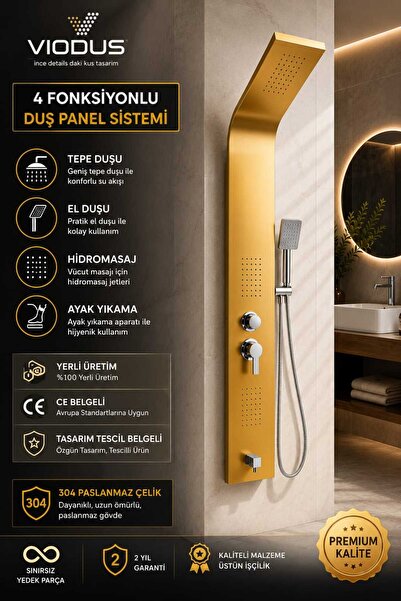 Viodus Vioduş Kuğu Gold Duş Paneli, Dikey Jakuzi, Duş,