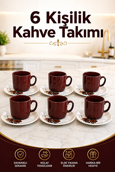 L'eDoren Seramik 12 Parça 6 Kişilik Türk Kahvesi Fincan Takımı 100 ml Kahve Seti