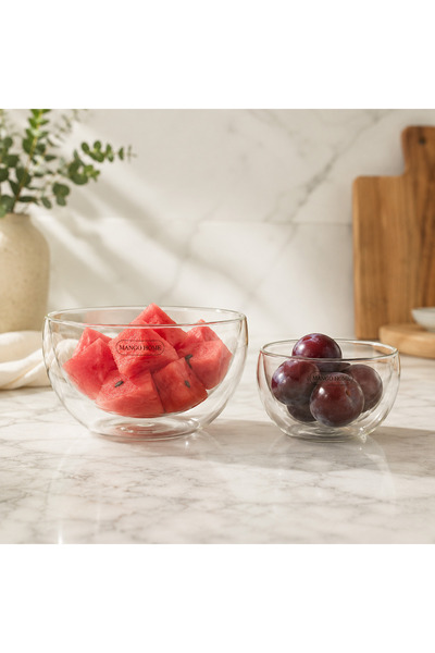 V Form Çift Cidarlı Borosilikat Sunum Kasesi- 2'li Cam Set (450ml+250ml)-Isıya Dayanıklı