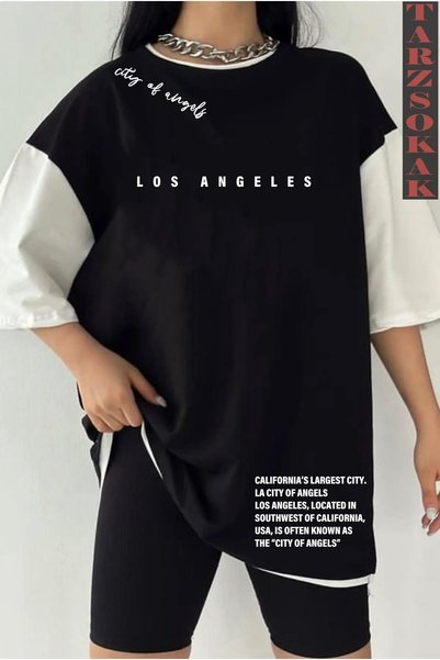 Tarzsokak Crna Oversize kroj Dvostruka boja LOS ANGELES NAPIS Štampano Unisex...