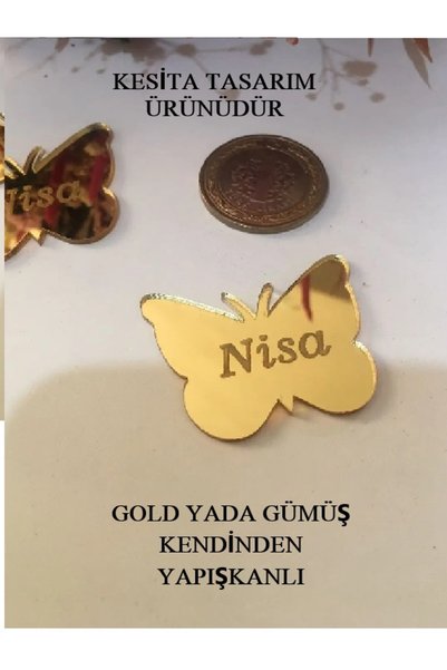 KESİTA TASARIM Kelebek Pleksi Etiket Gold - Gümüş (25 Adet)