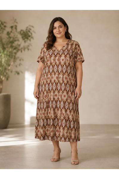 STAR CİTY V-Neck Short Sleeve Combed Cotton Dress