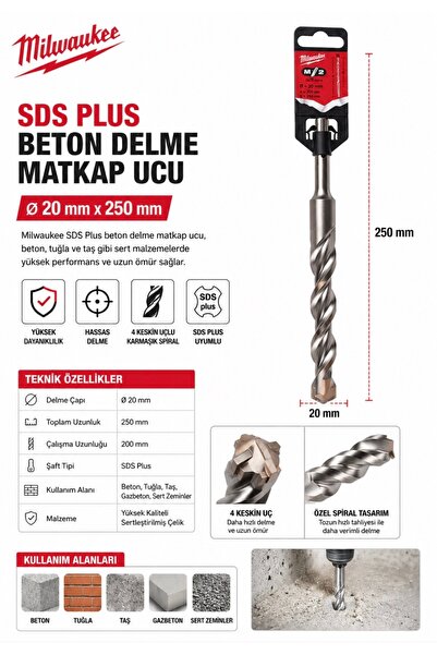 Milwaukee 7084 Sds Plus 2 Elmaslı Beton Delme Matkap Ucu 20x250 mm
