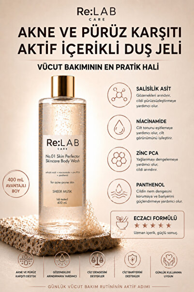 ReLAB Care Akne ve Pürüz Karşıtı Duş Jeli - Salisilik Asit, Niacinamide, Zinc...