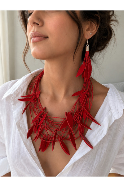 Kutcha Accessories Leaf Detailed Bohemian Necklace and Earring Set Handmade C...