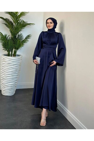 PERADO Spanish Sleeve Wrapped Satin Hijab Evening Dress Navy Blue