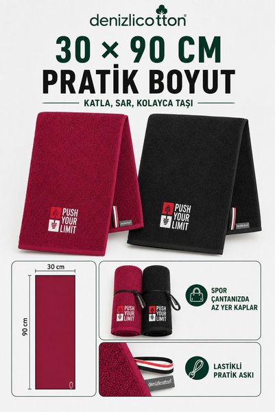 denizlicotton Pachet de 2 prosoape sport brodate 30x90 cm din bumbac, absorbante de transpirație, pentru fitness, pilates, box, tenis, negru