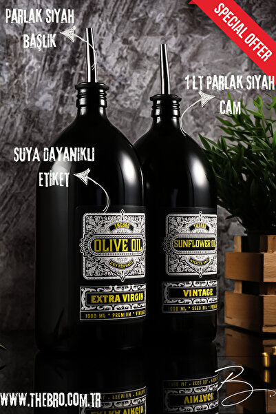 TheBRo 1 Litre Vintage Special Edition Parlak Siyah Zeytinyağı Şişesi Ayçiçek...