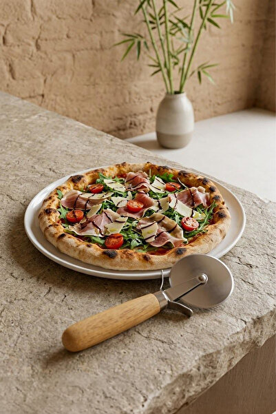 Kitchen Life Akasya Saplı Pizza Kesici Paslanmaz Çelik Pizza Dilimleyici