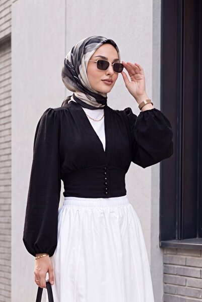 Modamorfo Maneca cu balon cu nasturi cu spate elastic Sandy Crop -negru