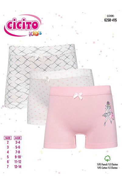 Cicito Kız Çocuk Pamuklu Renkli Likralı Boxer 3'lü Paket 6258