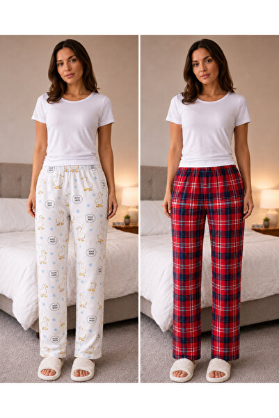 MODABOX 100% Cotton Combed Single Jersey Double Set of 2 Women's Pajama Bottoms