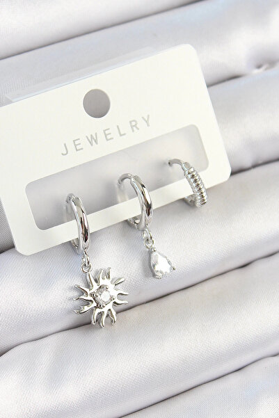 Skygo Brass Zircon Stone Sun Model Silver Color 3-Piece Double Women's Earrin...