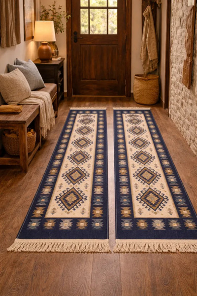 Horecahome Covoare tradiționale 1+1, dimensiune 60 x 120 cm, albastru și crem...