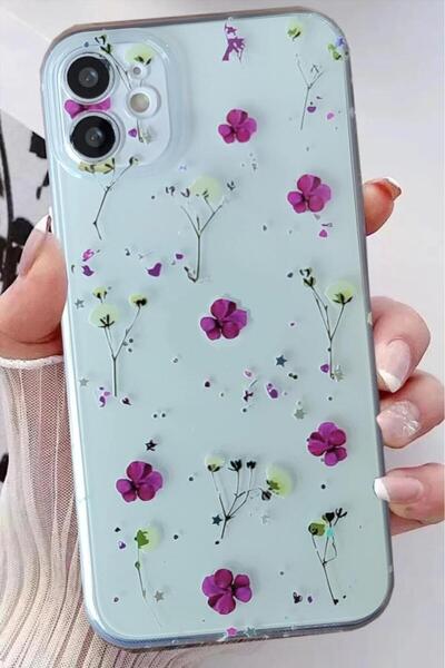3GEN CASE Iphone 11 Uyumlu Mor Çiçekler Desenli Şeffaf Silikon Kılıf
