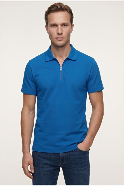 Tween Relaxed Fit Saks Mavi Yarım Fermuarlı Polo Yaka Yazlık T-Shirt