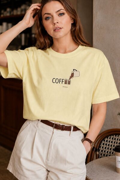 GIA - ART Tricou oversize pentru femei, galben cu imprimeu Morning Brew – Dec...