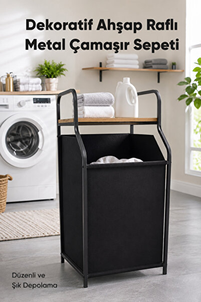 Vienev Metal Gövdeli Ahşap Raflı Banyo Düzenleyici - Kumaş Kirli Sepeti