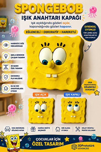 3dprototürk Sünger Bob Işık Anahtarı Kapağı | Gözleri Hareketli Işık Açma Kap...