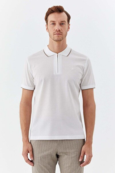 Sabri Özel Beyaz Regular Fit %100 Pamuk Fermuarlı Polo Yaka T-shirt