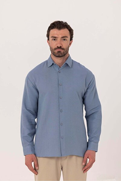 Sabri Özel Erkek Mavi Normal Kesim Regular Fit %100 Pamuk Klasik Yaka Muslin ...