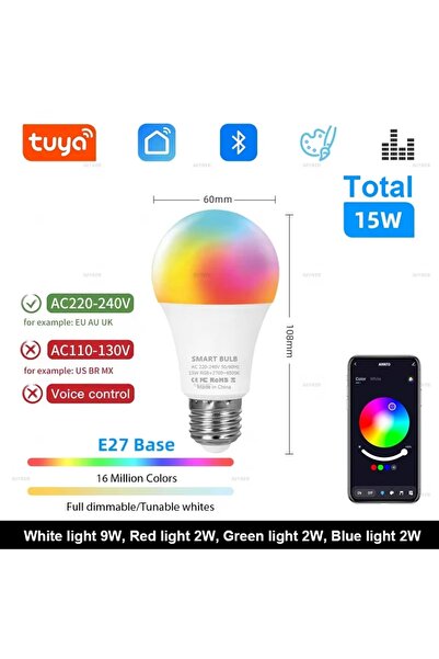 Choice Yes 220-240V AC E27 Base Total 15W Smart Life APP Tuya Bluetooth LED B...