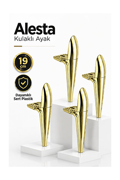 Badem10 (4 Adet) Alesta 19 Cm Kulaklı Altın Renk Ayak Sert Plastik Sehpa Ayağ...