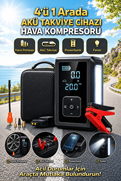 auhma CP-11 4'ü 1 Arada Akü Takviye, Şarjlı Hava Pompası, Powerbank ve Dijita...