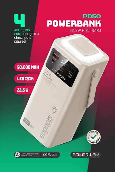 POWERWAY 50.000 mAh PD 22.5w Hızlı Şarj Dahili Kablolu Kamp Taşınabilir Güç K...
