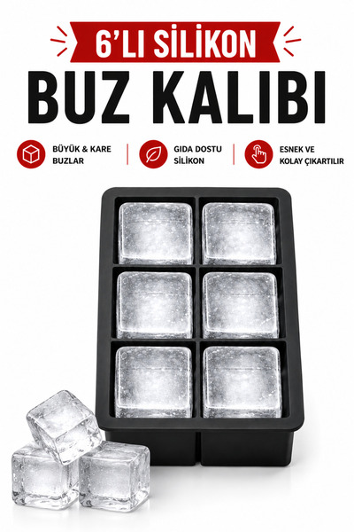 Delvos 6 Bölmeli Büyük Boy Silikon Buz Kalıbı Silikon Kare Buzluk Kokteyl Sun...