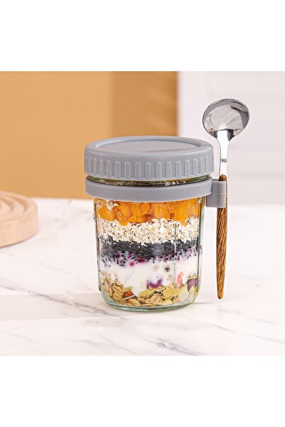 Choice1 Grey 1pc/2pcs Glass Oatmeal Cup, Overnight Oats Container with Lid an...