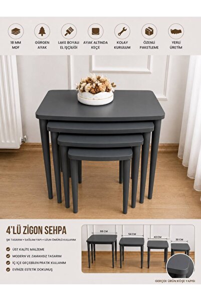 BAŞARAN CONCEPT Üst Kalite 1. Sınıf MDF Lake Boyalı 4 Lü Antrasit Gri Zigon S...