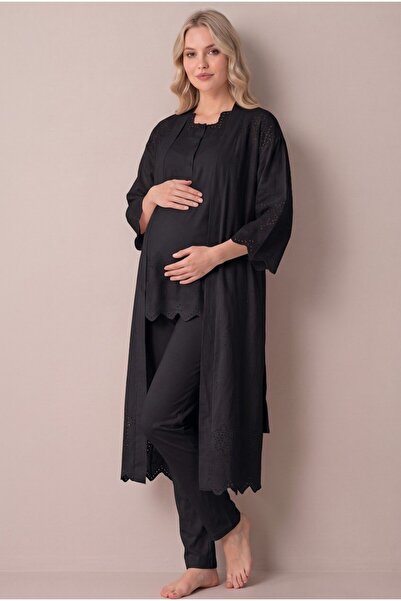 LOHOUSE Women's Linen Fisto Lace 3-Piece Maternity Pajama Set with Dressing Gown