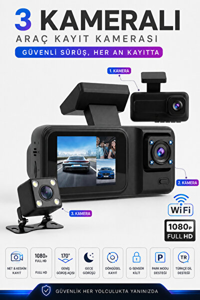ArmoniaVital SN-38 Wİ-Fİ 3 Kameralı Araç Içi Kamera Full Hd 1080P Ön Arka Iç ...