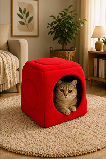 CatHouse Nerotex Kırmızı Üç Fonksiyonlu Yıkanabilir Kedi Yatağı 40x40 cm