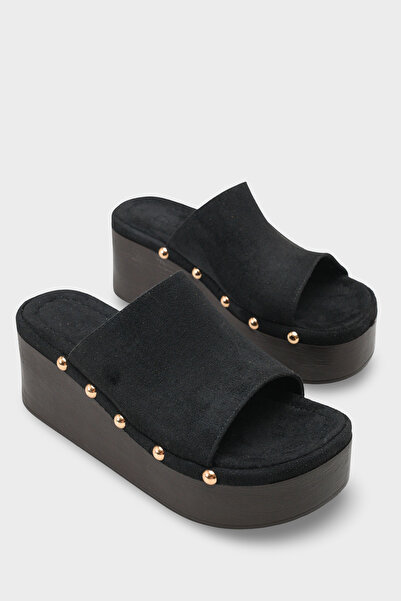 Capone Outfitters Rina Suede Stone Detailed Wedge Heel Daily Women's Slippers