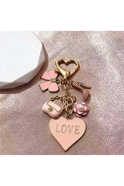 Choice Pink Pretty Pink Heart Flower Bow Knot Bag Enamel Keychain Cute Fashio...