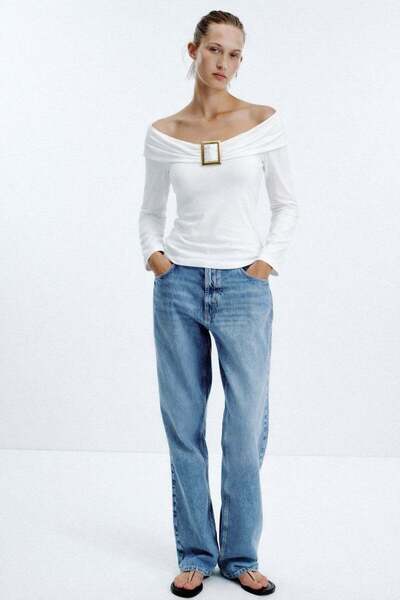 HAKKE Madonna Yaka Tokalı Büzgülü Crop BLUZ