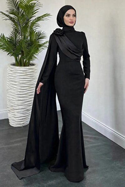 TRENDTESETTÜR KADIN SİYAH PELERİN DETAYLI ABİYE T 6535