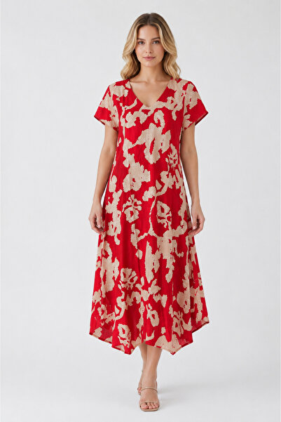 Sibel Günay Butik Rochie roșie cu model Picasso, 120 cm, din bumbac și viscoz...