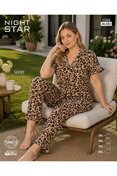Night Star Neon 5 Düğme Leopar Desenli Büyük Beden Pijama Takımı