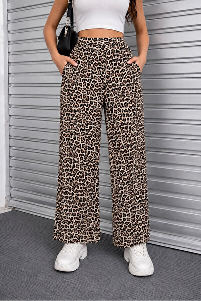 Albie Pantaloni de damă cu model leopard, din țesătură plisată, pantaloni cu ...