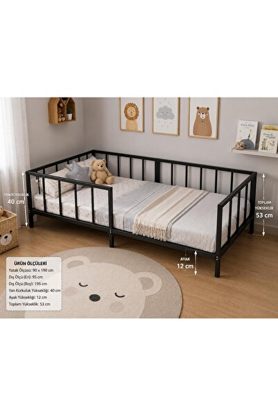 JASPER Montessori Bebek ve Çocuk Karyolası 90X190 cm Siyah Renk Demonte