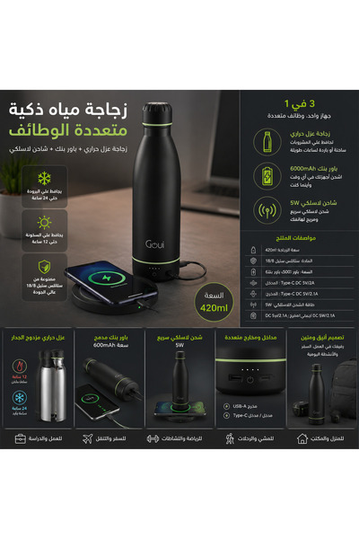 Generica زجاجة ماء ذكية معزولة سعة 420 مل - زجاجة حرارية من الفولاذ المقاوم ل...