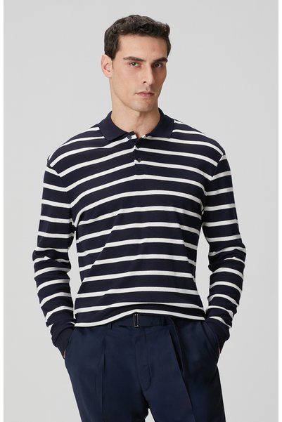 Network Lacivert Beyaz Çizgili Polo Yaka Sweatshirt