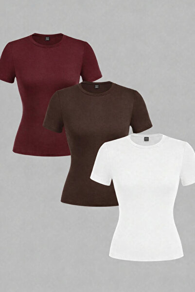 ÖZ PAMUK Cotton Soft Textured Natural Viscose Straight Cut Short Sleeve 3-Pac...