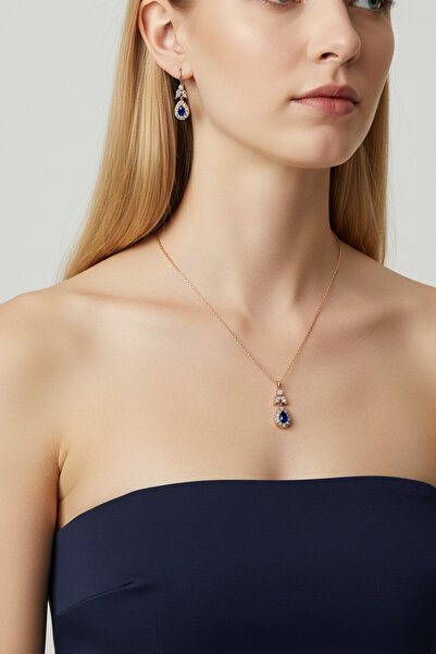 FUYA JEWELLERY Zirkon Taş Detaylı Kristal Damla Kolye, Küpe Set