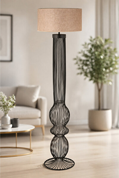 ANGDESİGN Nisa Luce ROMA Metal Lambader SİYAH Metal Gövde/ KAHVE Kumaş Başlık...