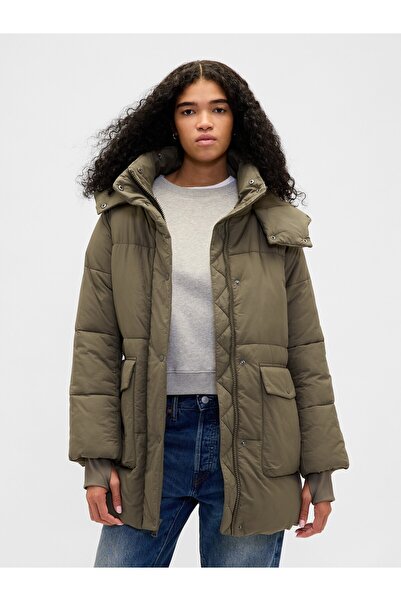 GAP Kadın Haki Faux Fur-Trim Midi Puffer Şişme Ceket